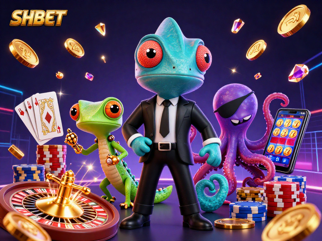 Engage in thrilling gaming at SHBET with vibrant visuals of chameleon, gecko, and octopus in a casino