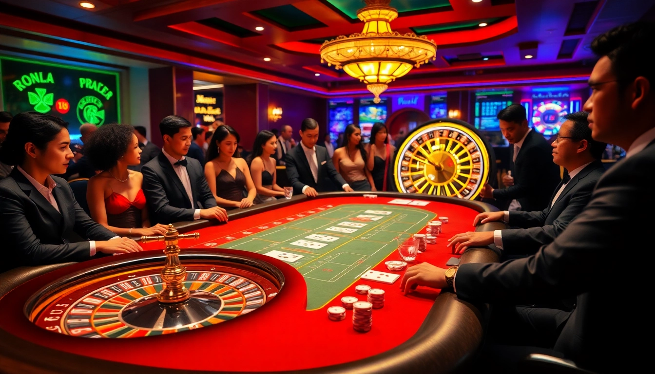 Players enjoying a high-stakes game at open88 casino table with casino lights.