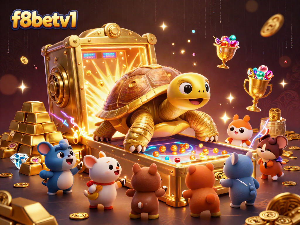 f8betv1 showcases thrilling gameplay with a giant golden tortoise pinball machine in a vibrant casino setting.