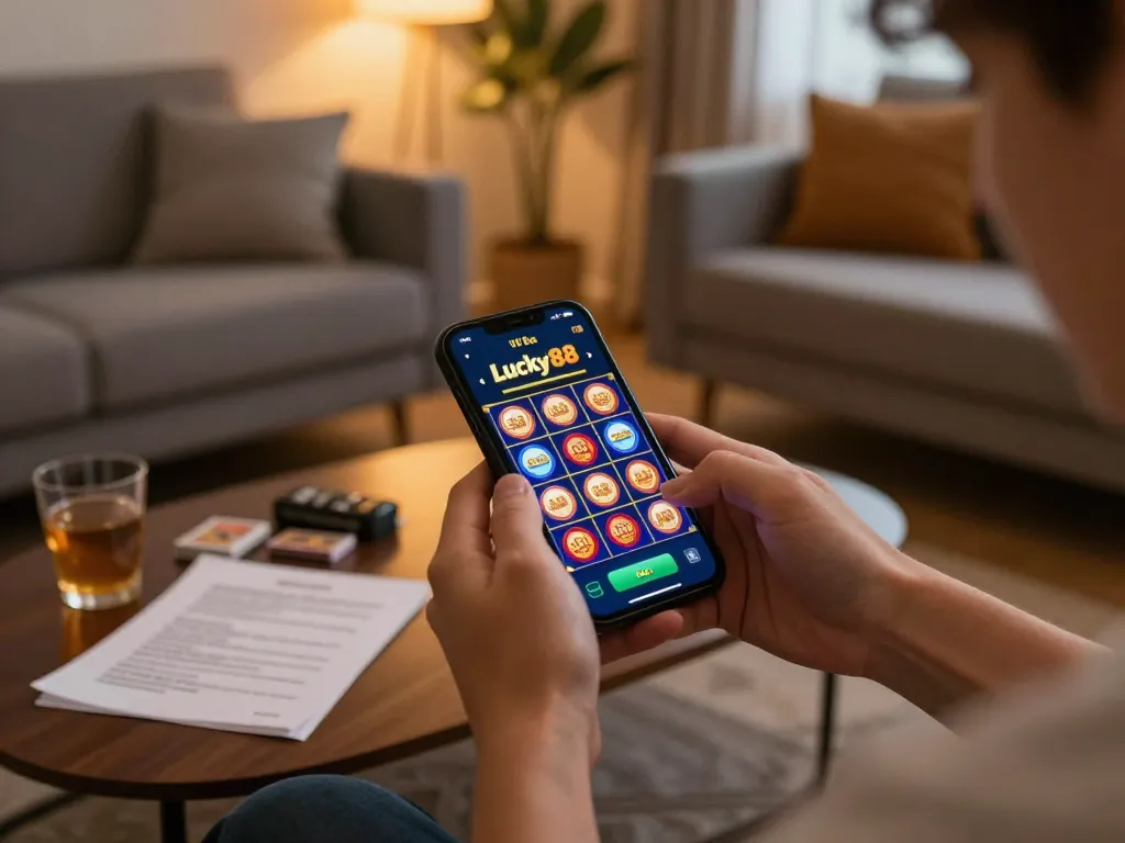 Engaging in Lucky88 mobile slot gameplay while enjoying a cozy evening at home.