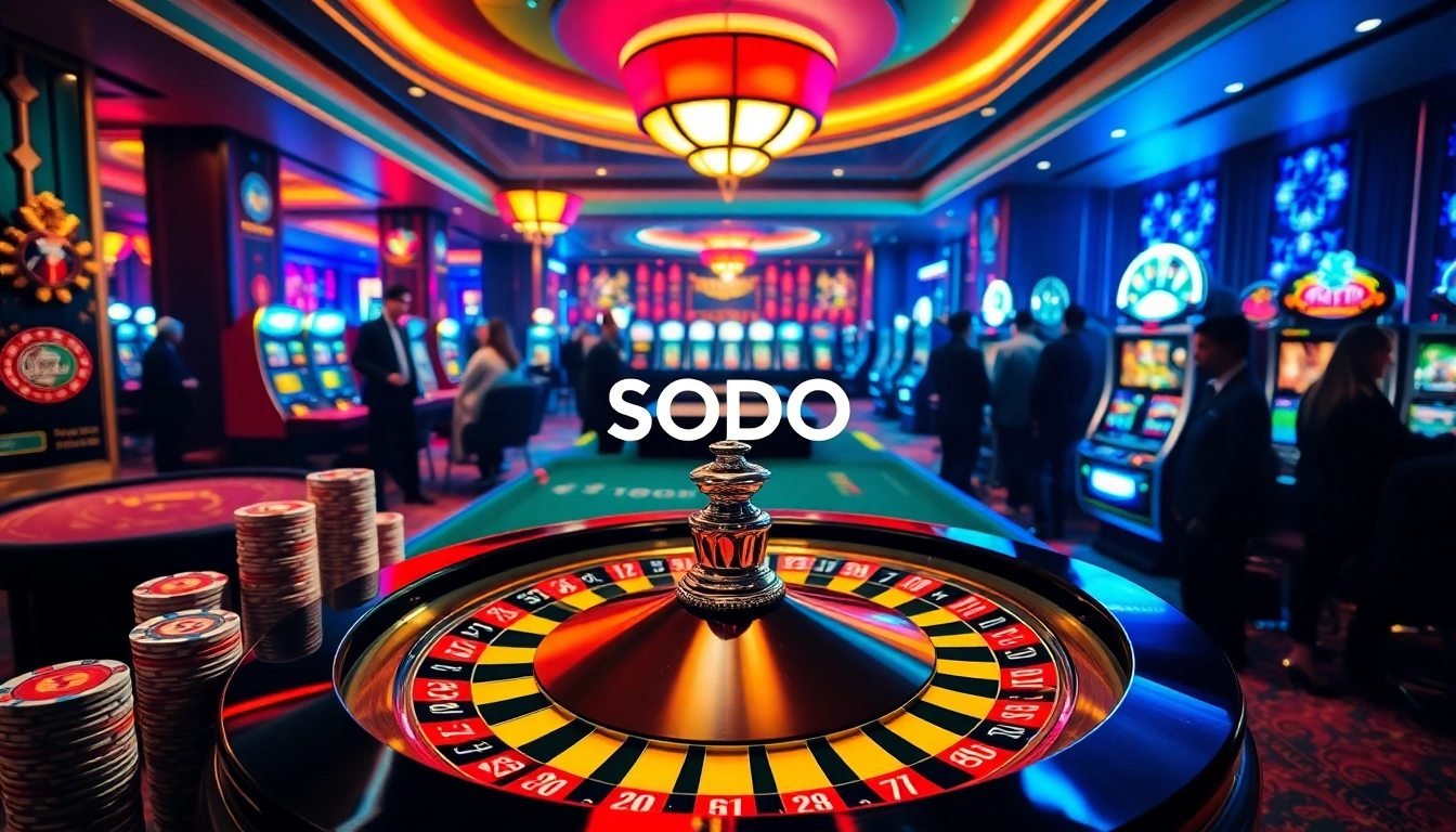 SODO casino scene featuring vibrant roulette wheel, excited gamblers, and colorful slot machines