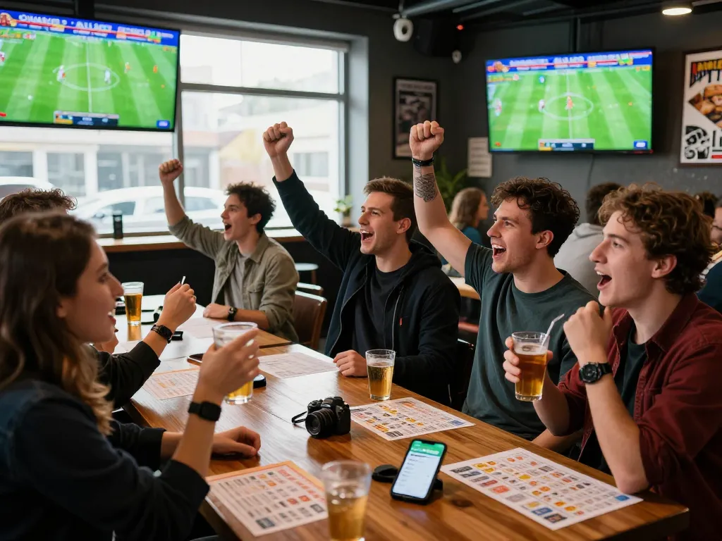 Fans cheering for 1gom during live football matches with drinks and smartphones.