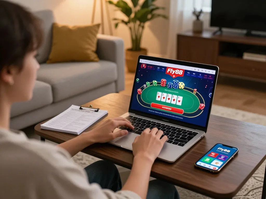 Engaging in fly88 online casino gaming with dynamic gameplay on a laptop.