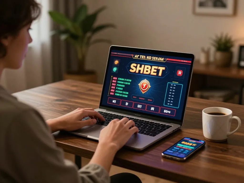 Engaging in SHBET online gaming at a stylish desk with laptop and smartphone.