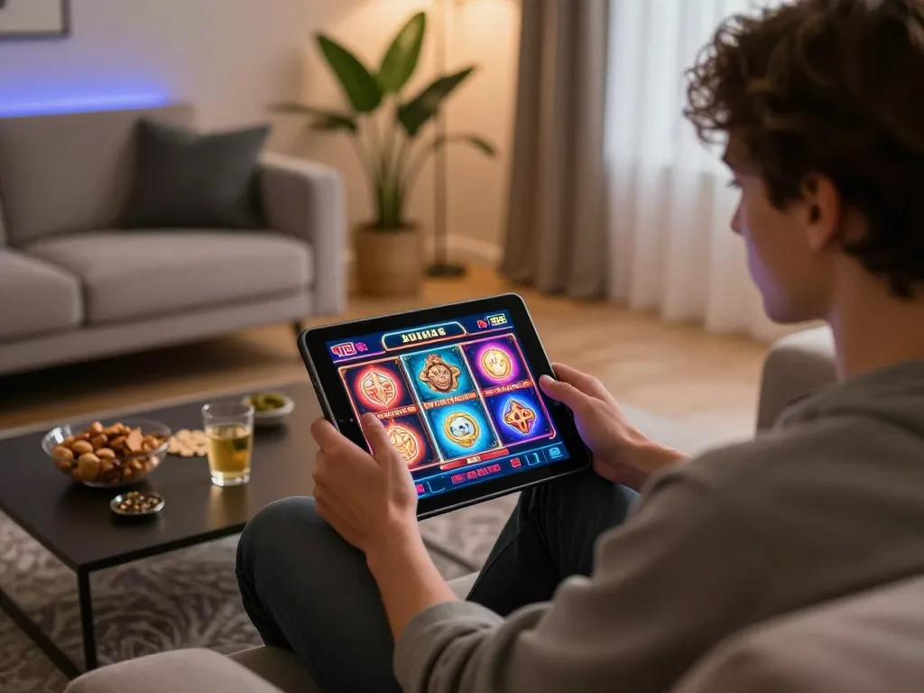 Engaging gameplay at N188 casino on a tablet in a cozy home setting, showcasing slot machine excitement.