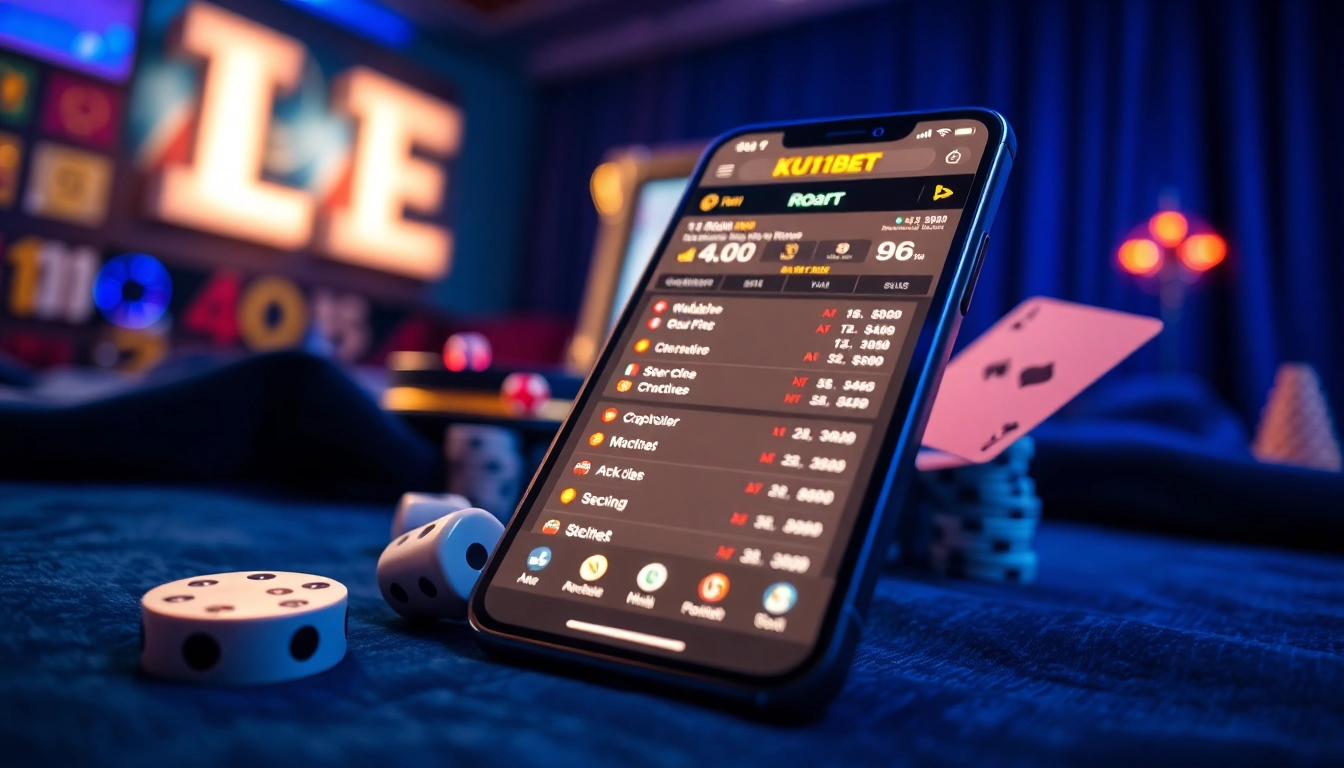 Dynamic smartphone interface showcasing ku11bet online gambling experience with casino elements