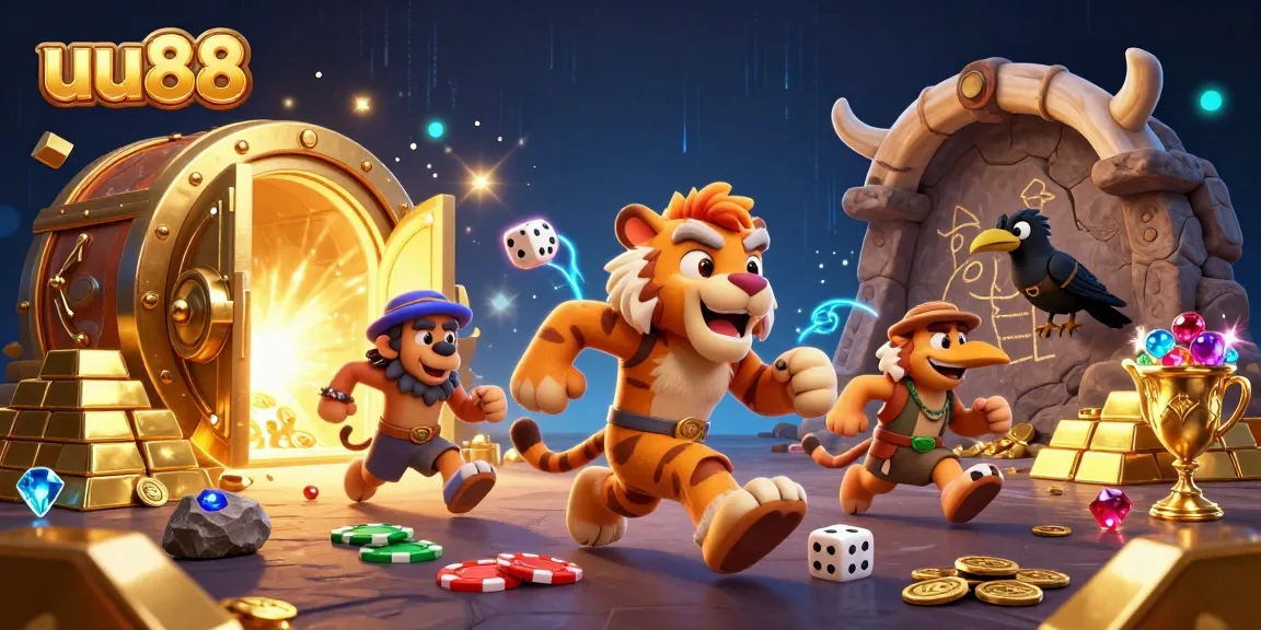 Spin the reels at uu88 with a caveman and tiger in a vibrant prehistoric casino.