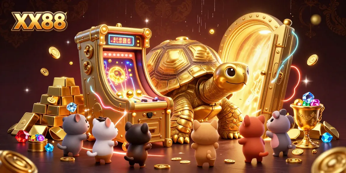 Experience thrilling gameplay at XX88 with a lively golden tortoise pinball machine and treasure-filled scene.