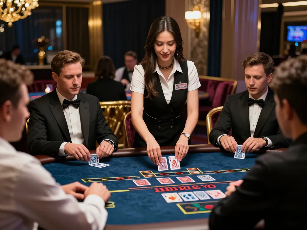 Hitclub players enjoying an engaging Baccarat session with a professional dealer in a luxurious casino atmosphere.