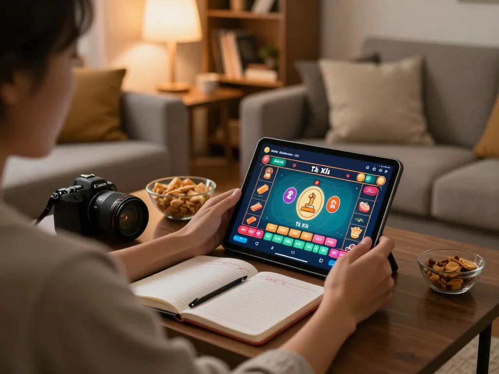 Engaging with online Tài Xỉu games at home using taixiuonline8 app on tablet, showcasing a strategic gaming setup.