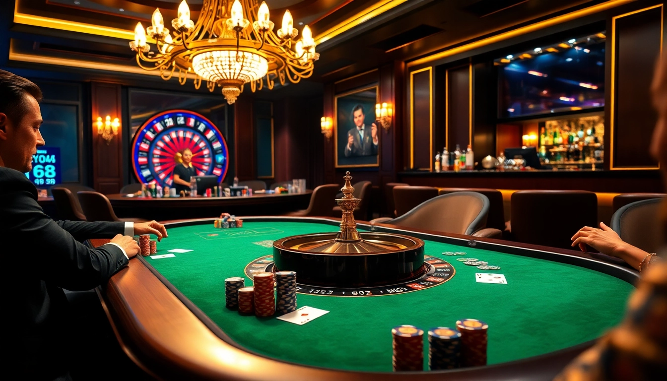Engaging players at nhà cái hz88 poker table in a luxurious casino setting with vibrant ambiance.