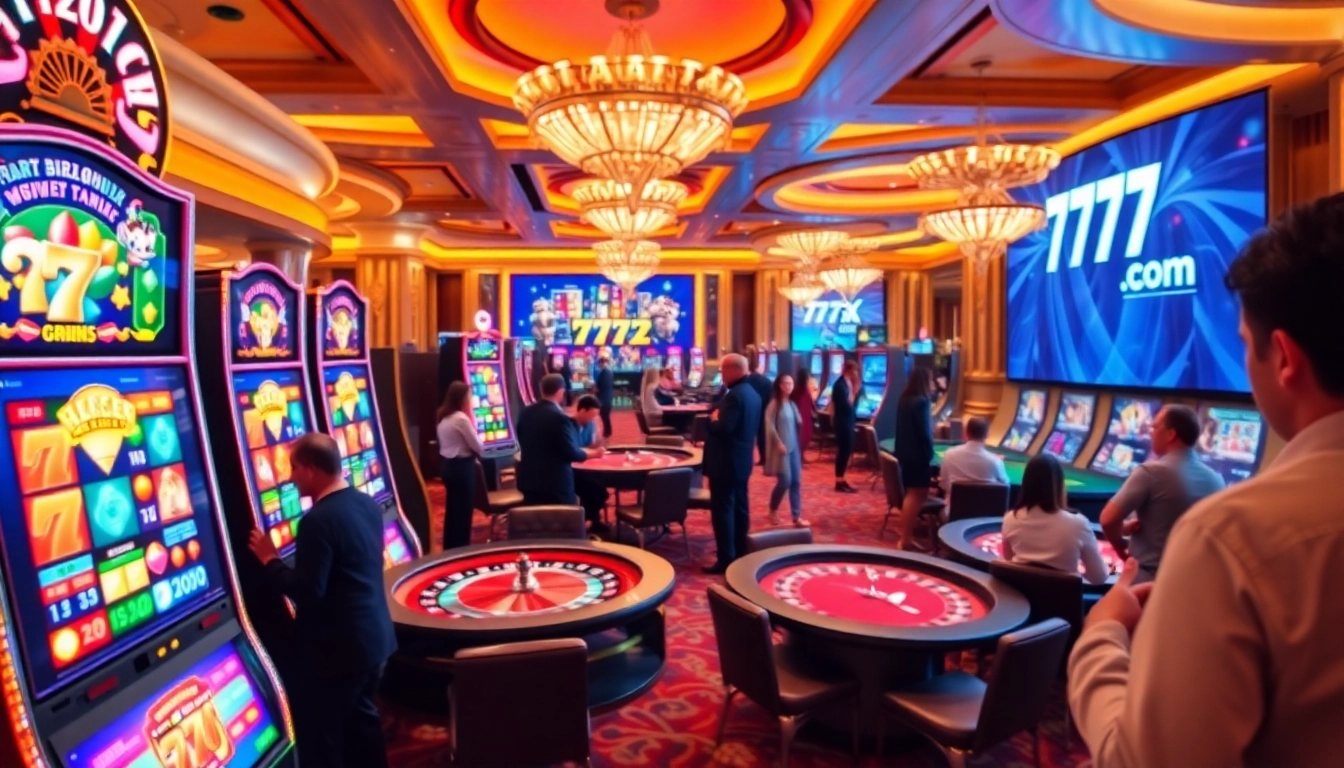 Experience high-energy gaming at 777X com with vibrant slot machines and roulette tables in a luxurious casino setting.