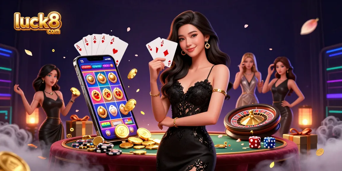 Experience fun at luck8 com with an elegant Asian woman holding playing cards in a vibrant casino scene.