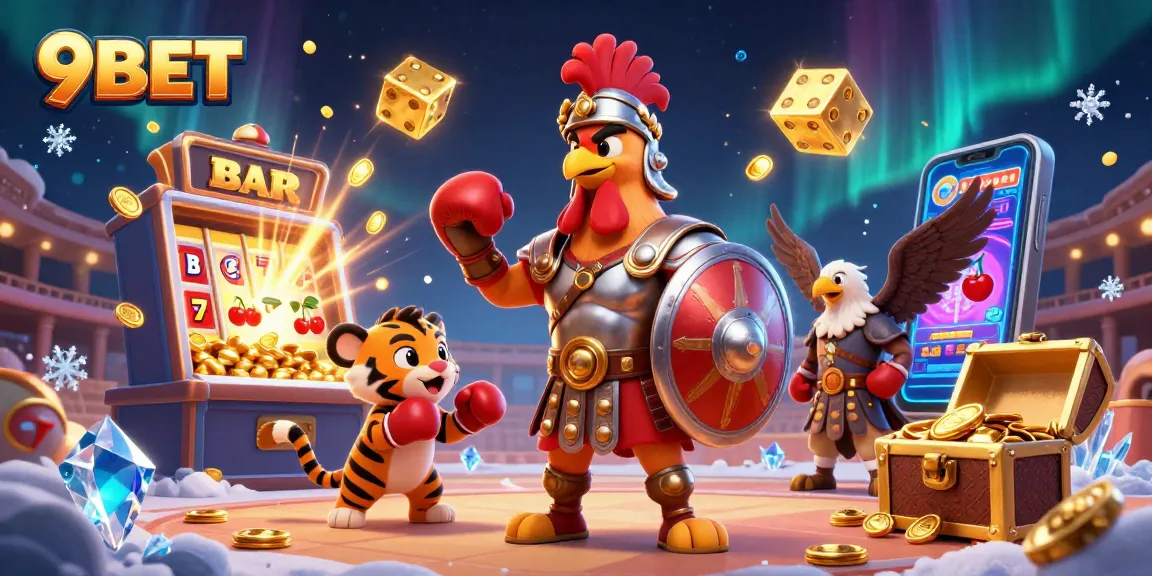 Experience thrilling gameplay with 9BET's dynamic casino scene featuring a slot machine and lively characters.