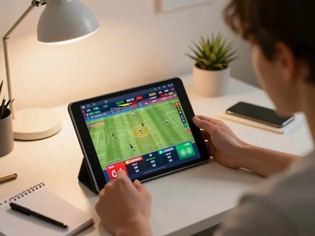 Person placing bets on 789betgo tablet during an exciting sports match, showcasing modern home gaming.