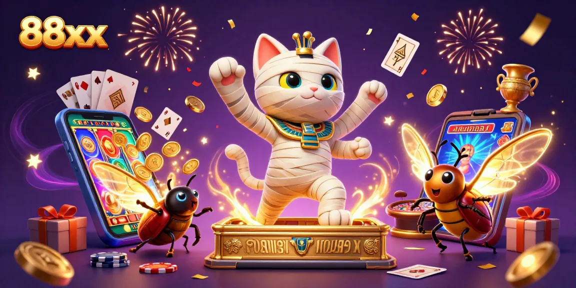 Win big with exciting games at 88xx, featuring a mummy cat and golden coins!