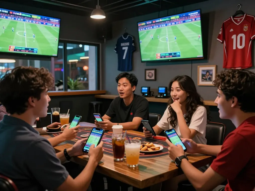 Sports betting excitement at vaobong1gom.us.com with friends celebrating live soccer match.