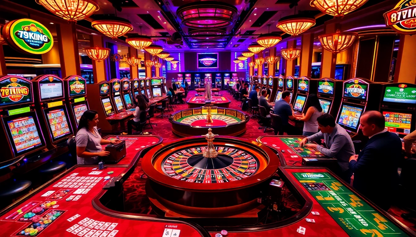 79KING casino scene with vibrant tables, chips, and high-stakes excitement