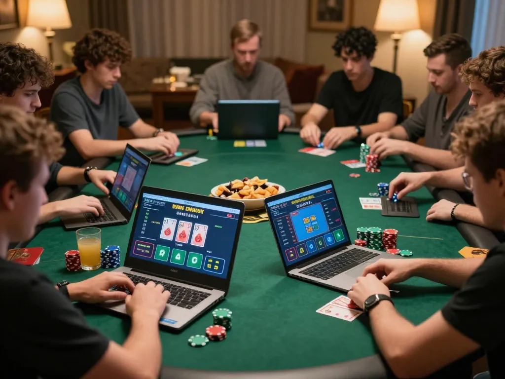 Players engaging in strategic moves during an online poker game on UU88, showcasing vibrant home gaming atmosphere.