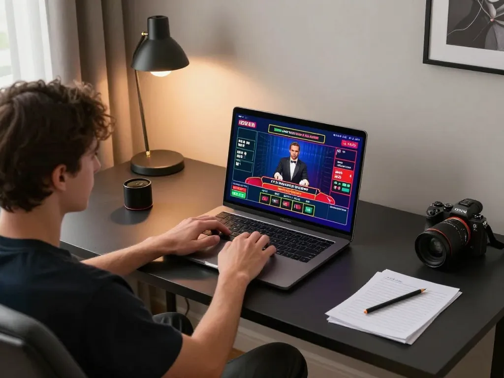 Engaging in hit club online blackjack game on laptop with strategic betting and organized notes