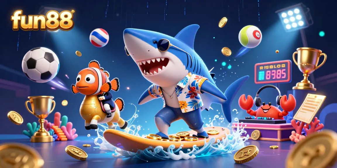 Join the fun88 excitement as the shark surfs gold coins, showcasing thrilling betting action.