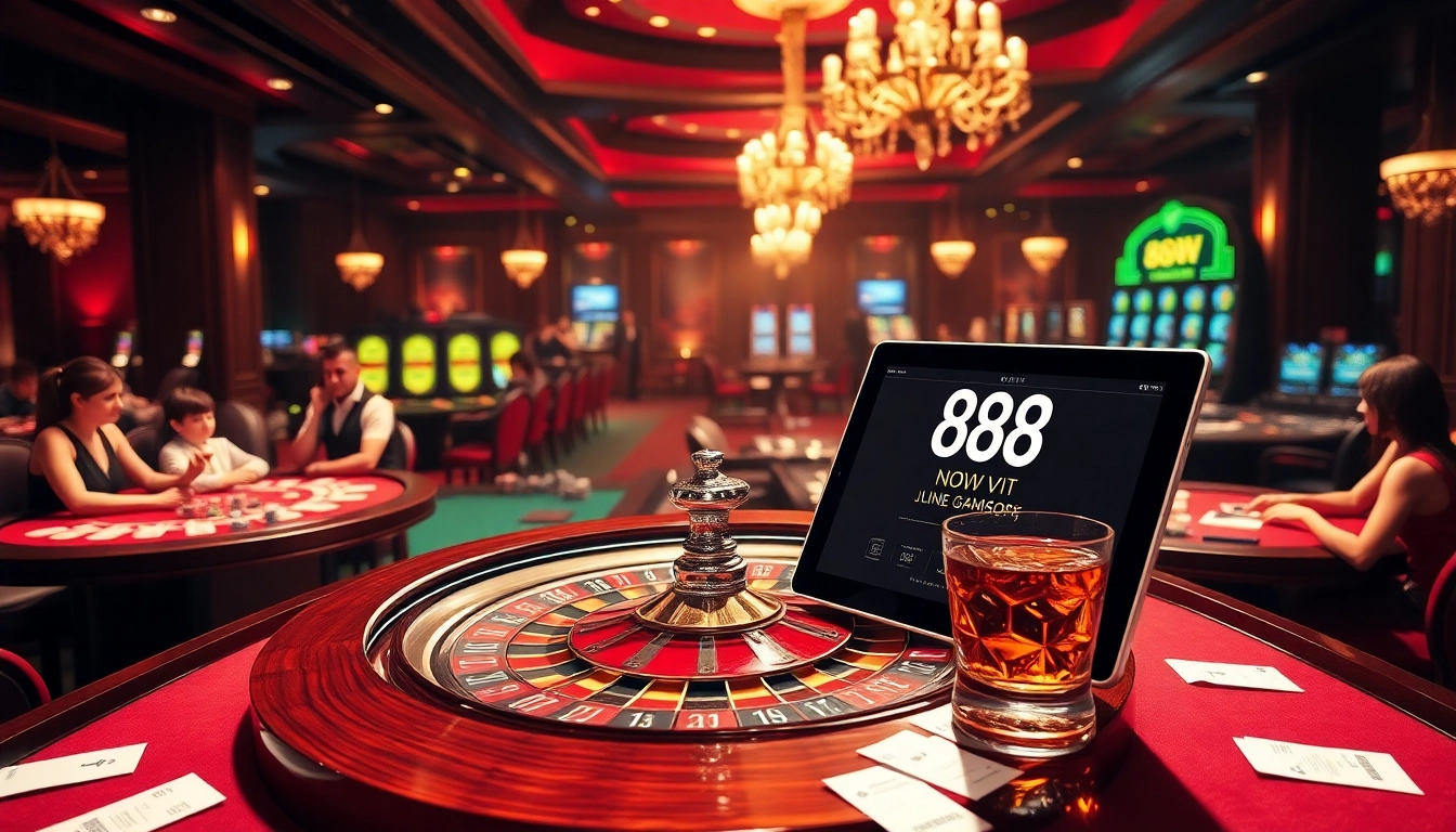 Excited gamblers at a casino table with 888VI Đăng nhập displayed on a tablet, emphasizing gaming luxury.