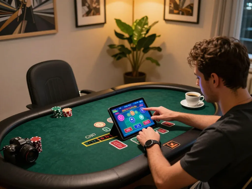 Engaging with 789winh's online blackjack game on a tablet in a cozy home setting