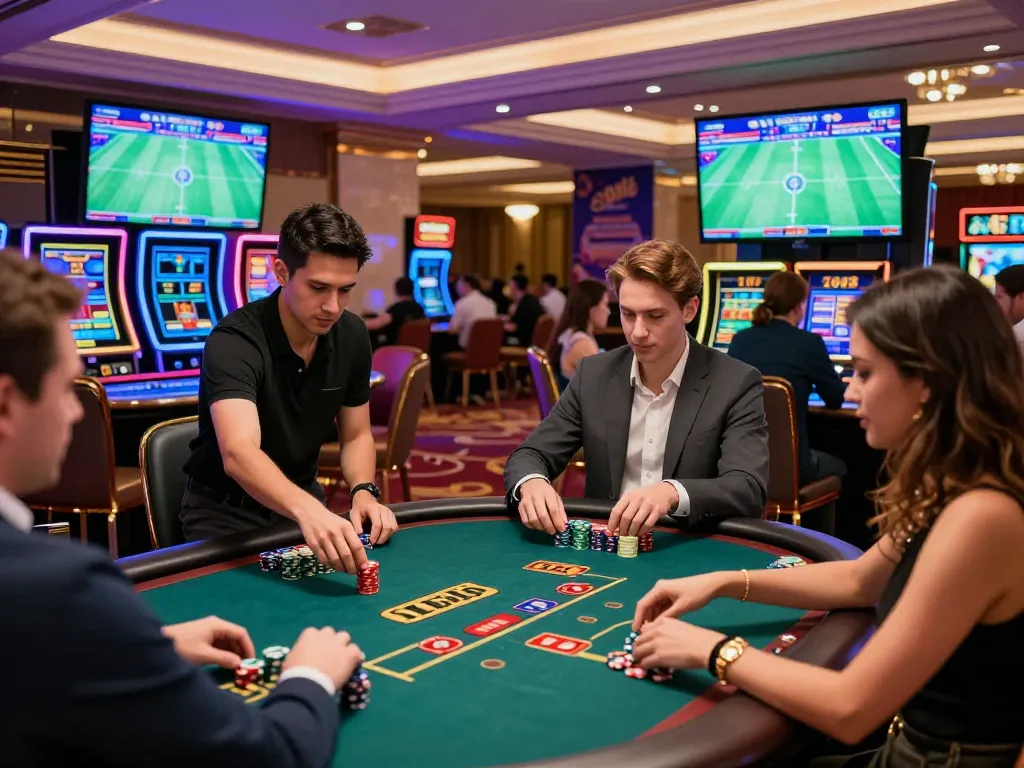 Diverse individuals enjoying thrilling games at nhà cái 33win's modern casino, capturing excitement and vibrant atmosphere.