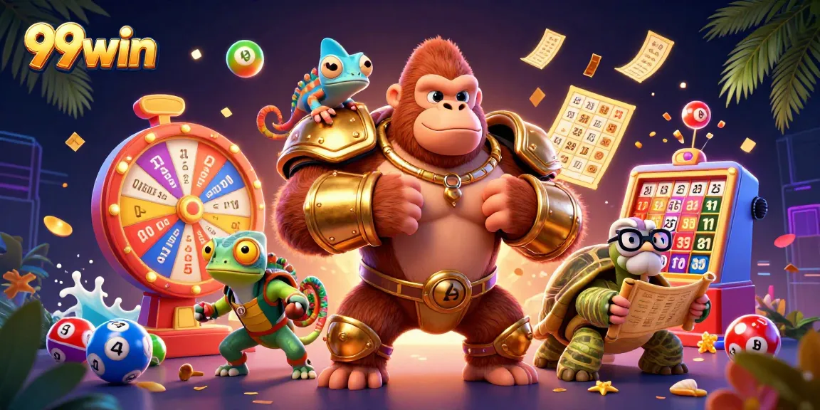 Engage with 99win’s vibrant lottery adventures featuring a gorilla king and dynamic game elements.
