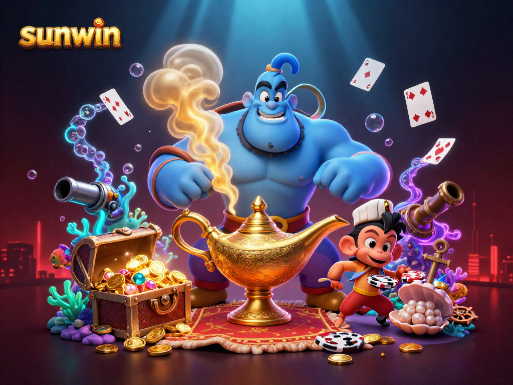 Win big with the sunwin genie and poker chips in this vibrant casino-themed illustration.