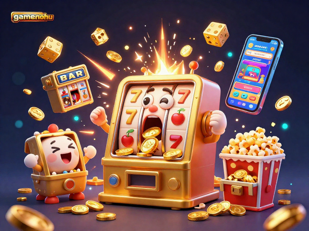 Experience gamenohu with golden slot machines hitting jackpots in an energetic casino scene