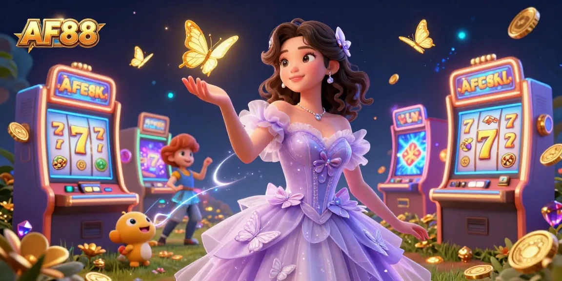 Experience the excitement of AF88 with vibrant slot machines, dazzling golden butterflies, and enchanting casino elements.