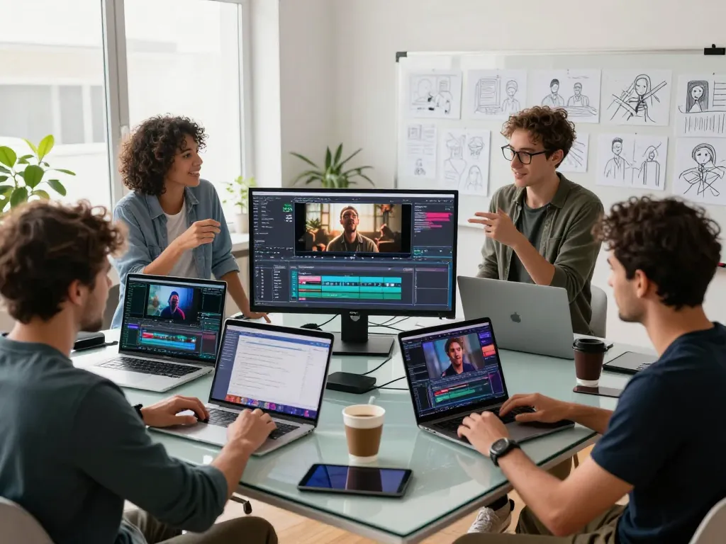 A team of creators collaborating on ai seedance 2.0 video projects in a modern studio.