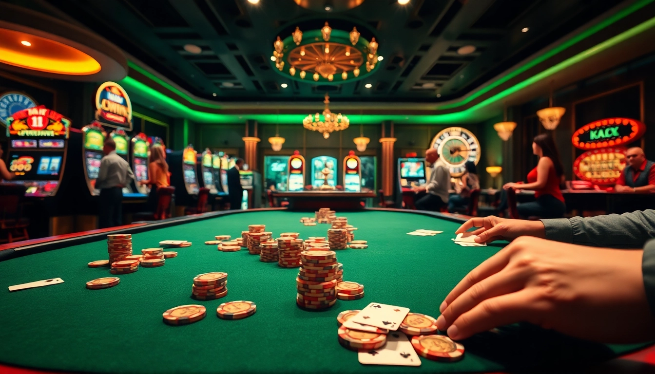 Action-packed gambling scene with players at a casino table, blending kjc.football elements.