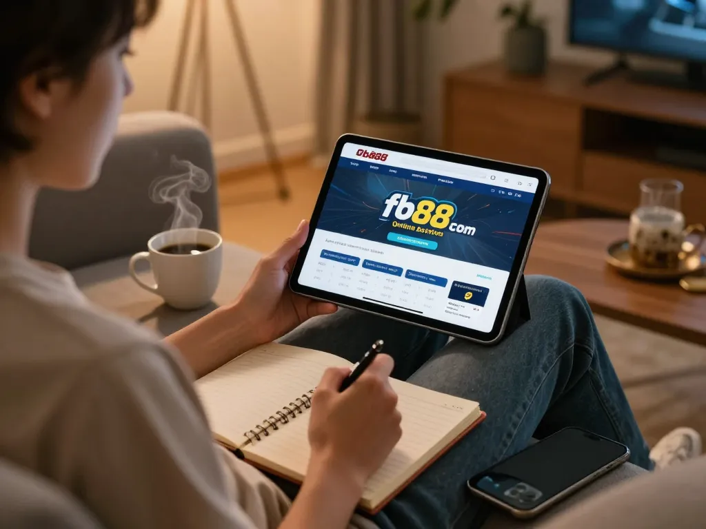Engaging user on fb88 com app analyzing betting strategies in a cozy home setting.