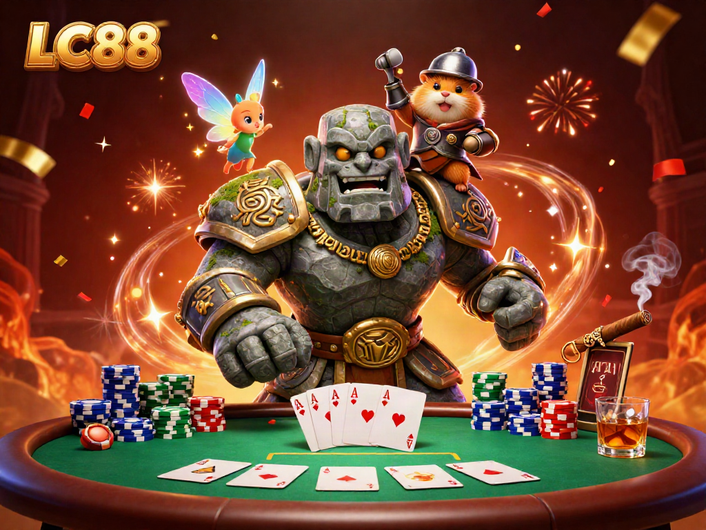 Experience the magic of LC88 with a golem guardian, fairy companion, and hamster knight in a vibrant casino scene.