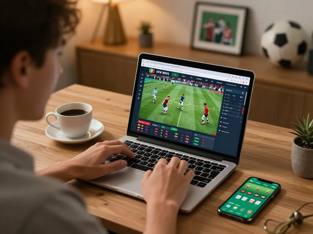 Player engaging with sports betting at nk88, placing bets from home office setup.