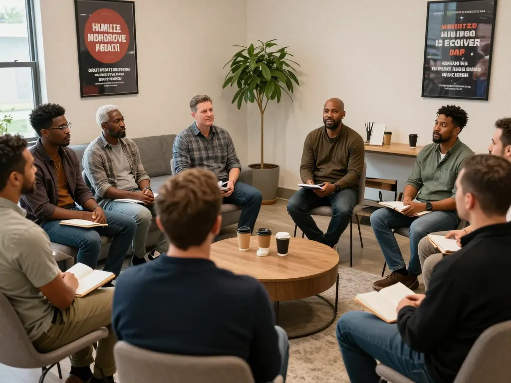 Men sharing experiences at a supportive manclub meeting, fostering community and connection.