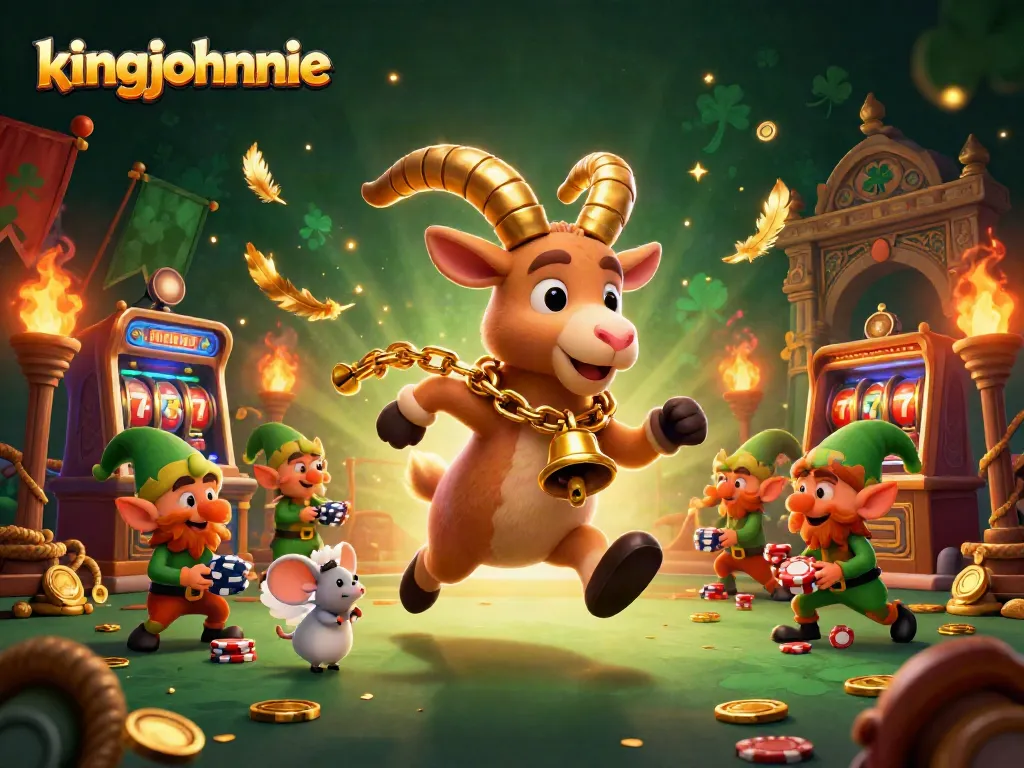 Engage in thrilling action with kingjohnnie characters amidst vibrant casino elements like slot machines and colorful tokens.