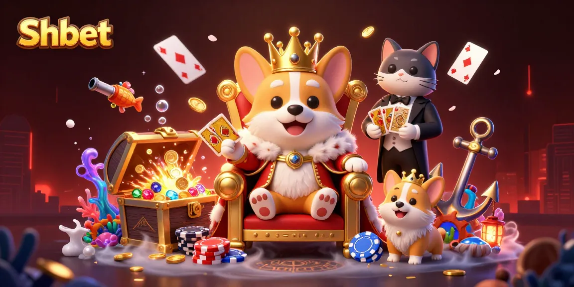 Shbet offers vibrant 3D illustration featuring a royal corgi on poker chips, capturing gambling excitement.