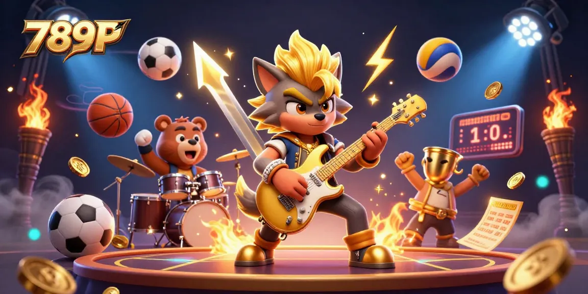 Experience thrilling action with 789P as a rock star wolf performs on stage amidst sports-themed casino elements.