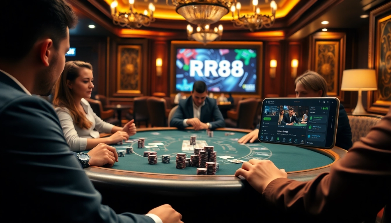 Engaging poker scene showcasing RR88 branded chips and cards, highlighting the excitement of online gambling.