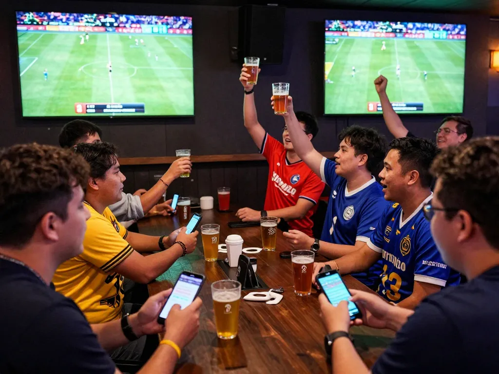 Tỷ Lệ Kèo Nhà Cái displayed on a smartphone in a vibrant sports betting bar