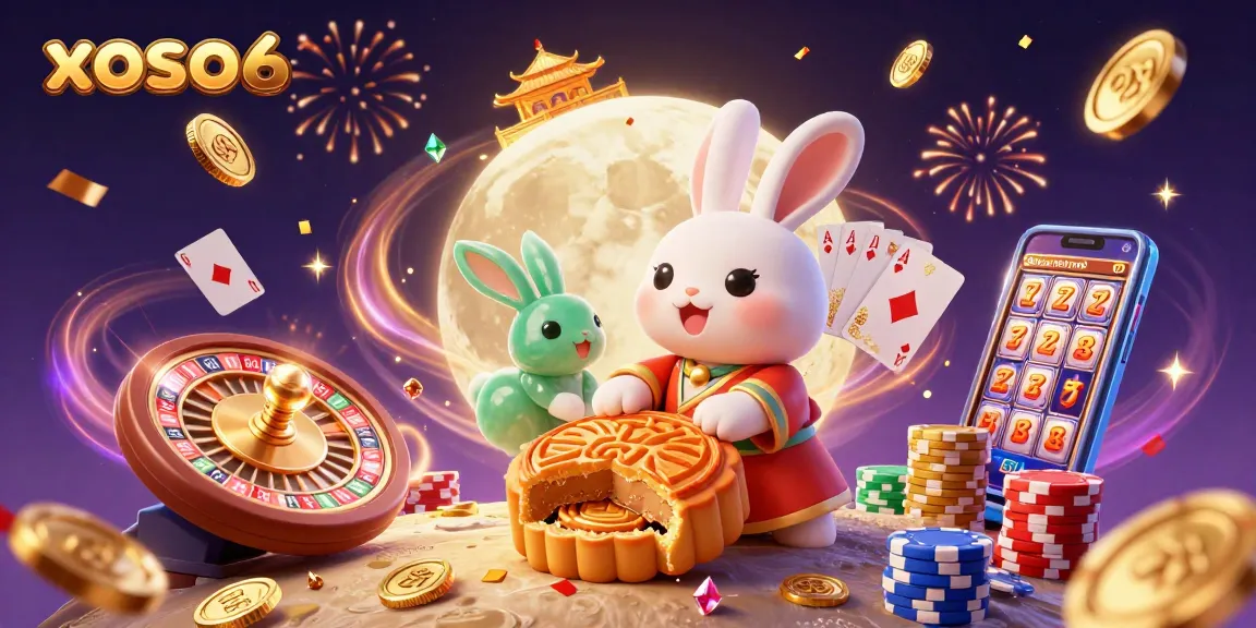 Experience the thrill of xoso66 with the moon rabbit playing poker and celebrating wins with cascading coins.