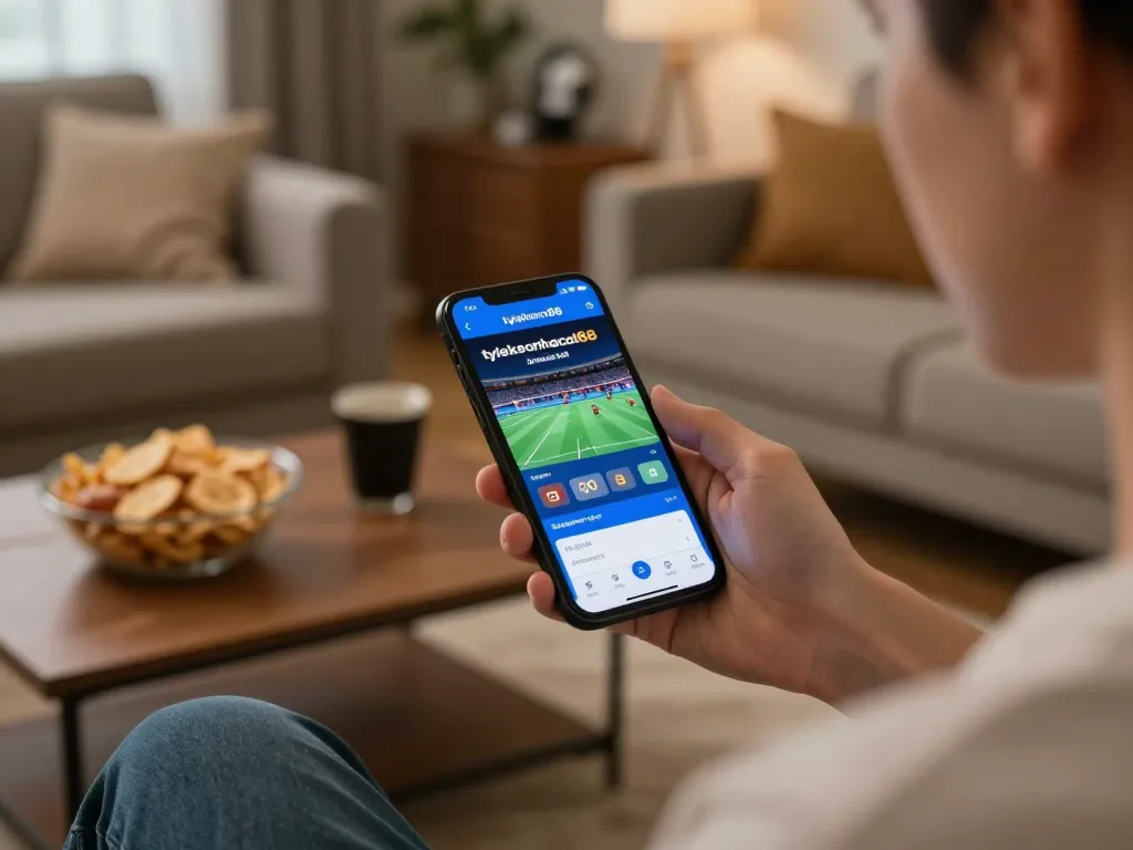Engaged bettor using the tylekeonhacai88 app for mobile sports betting in a cozy home environment.