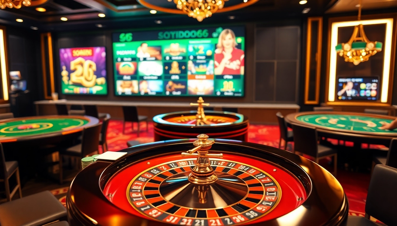 SODO66 gaming scene with vibrant casino tables, chips, and slot machines depicting excitement.