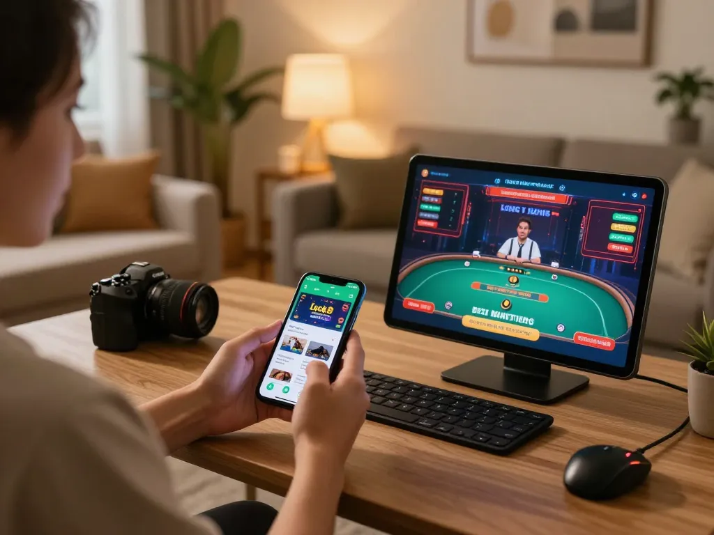 Engaging in luck8 casino games on a smartphone, showcasing digital gambling excitement