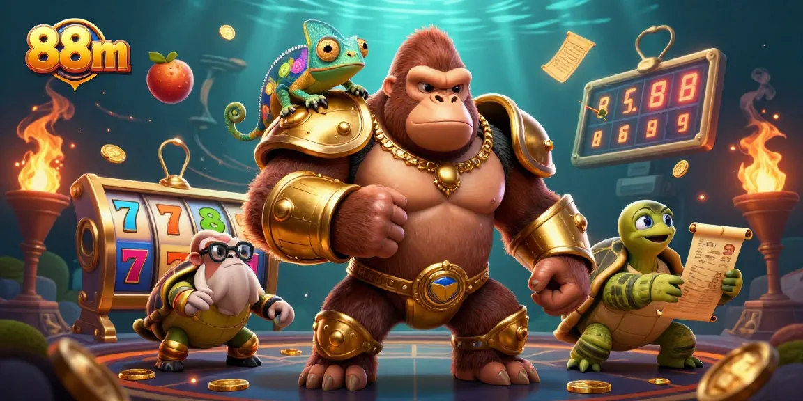 Join 88m's powerful gorilla king in a thrilling online slots adventure filled with golden jackpots and vibrant casino elements.