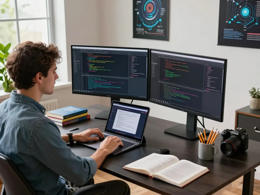OpenClawd software development workspace with dual monitors and coding elements.