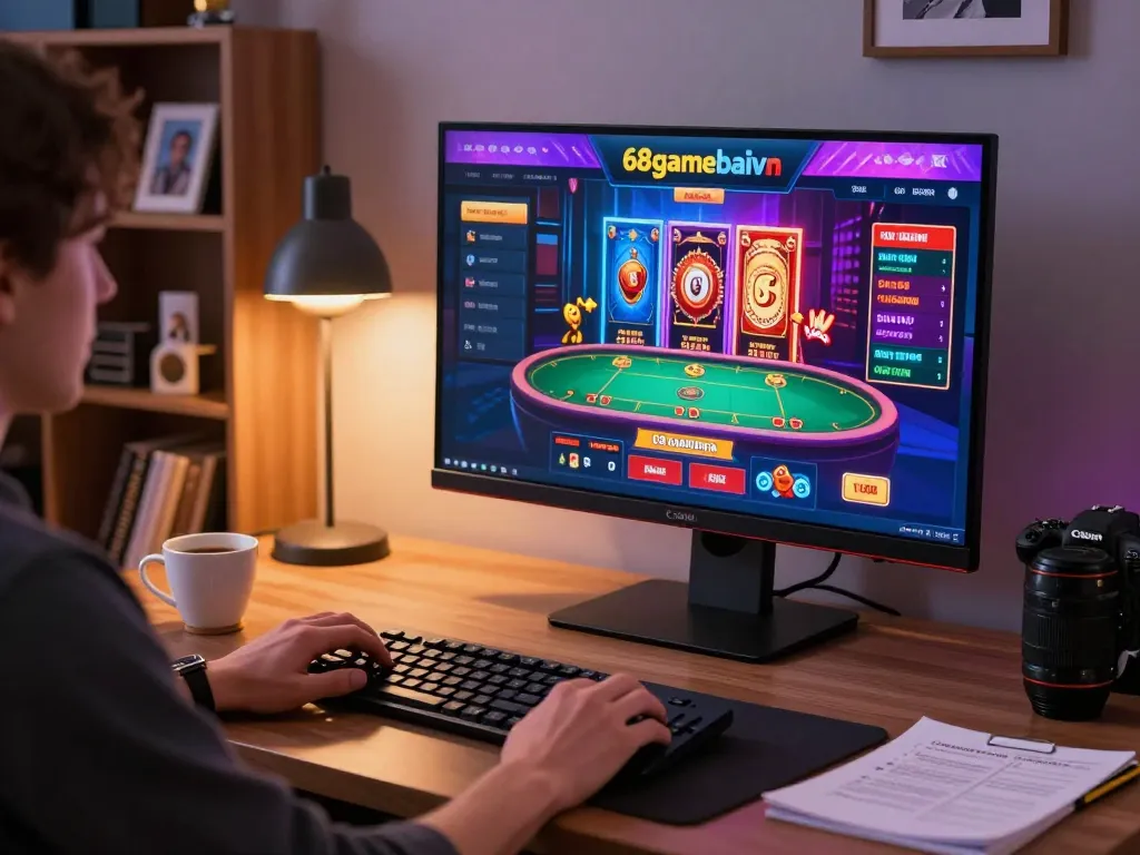 Player engaging in live casino games on 68gamebaivn at home, showcasing immersive online gaming environment